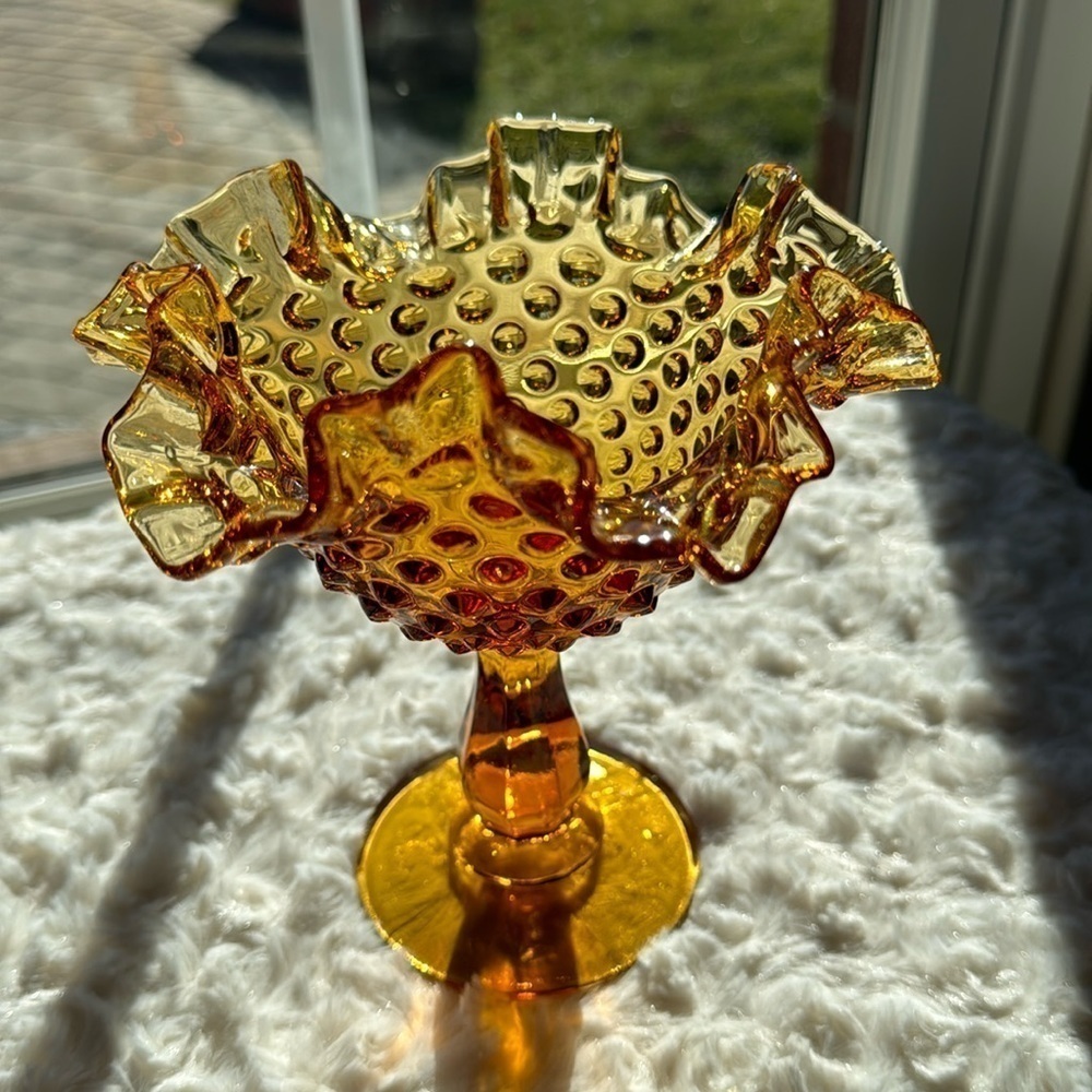 VINTAGE~FENTON~HOBNAIL GLASS~CANDY/TRINKET BOWL~AMBER COLOR~FLUTED RIM~KCC